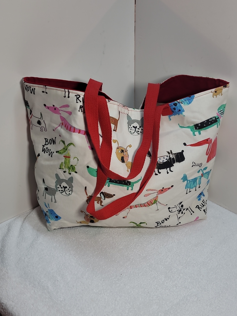 Canvas Dog-Print Large Tote Bag with Red Handles -NWT
